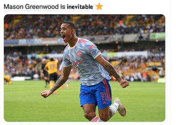 Selebrasi gol pemain Manchester United, Mason Greenwood, pada laga Liga Inggris melawan Wolverhampton Wanderers, Minggu (29/8/2021) di Stadion Molineux.
