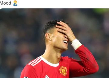 Ekspresi megabintang Manchester United, Cristiano Ronaldo, dalam laga Grup F Liga Champions kontra Atalanta di Stadio di Bergamo, Selasa (2/11/2021).