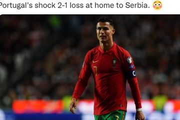 Ekspresi megabintang timnas Portugal, Cristiano Ronaldo, dalam laga Grup A Kualifikasi Piala Dunia 2022 Zona Eropa kontra timnas Serbia di Stadion do SL Benfica, Minggu (14/11/2021).