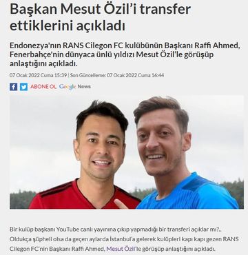 Tangkapan layar media Turki Fotospor yang memberitakan soal kabar Mesut Oezil ke RANS Cilegon.