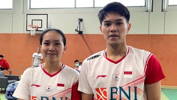 Pasangan ganda campuran Indonesia, Adnan Maulana/Mychelle Crhystine Bandaso, saat bertanding pada German Open 2022.