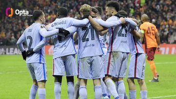 Para pemain Barcelona merayakan gol ke gawang Galatasaray dalam laga leg kedua babak 16 besar Liga Europa 2021-2022 di Stadion Turk Terlekom, Istanbul, pada Kamis (17/3/2022) waktu setempat atau Jumat mulai pukul 00.45 WIB. 
