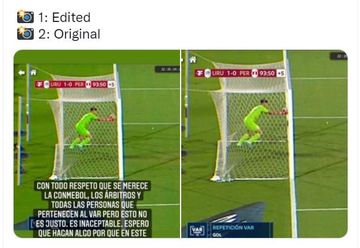Perbandingan foto yang diunggah Paolo Guerrero (kiri) dengan hasil VAR, dalam insiden gol hantu dalam duel Uruguay vs Peru.
