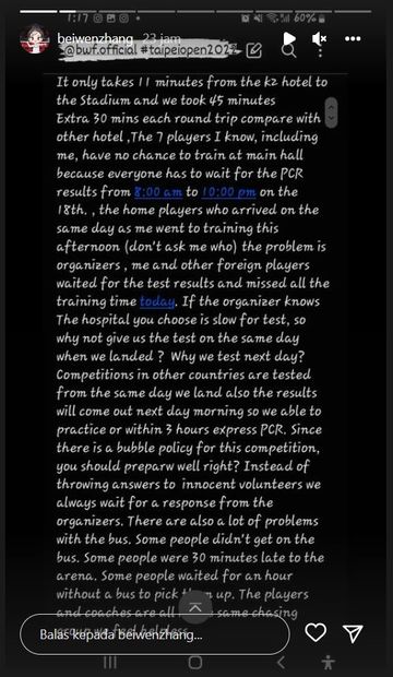 Postingan Story pebulu tangkis asal Amerika Serikat, Beiwen Zhang saat protes terhadap panita penyelenggara Taipei Open 2022