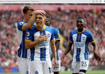 Selebrasi Leandro Trossard setelah mencetak gol dalam laga Liverpool kontra Brighton &amp; Hove Albion di Liga Inggris 2022-2023, Sabtu (1/10/2022).