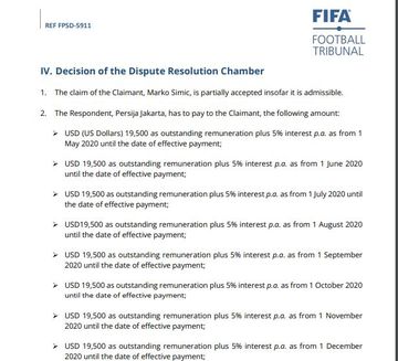 Dokumen FIFA yang menunjukkan gugatan Marko Simic atas Persija dikabulkan.