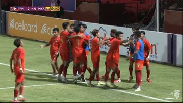 Selebrasi pemain Myanmar Thet Hein Soe usai mencetak gol ke gawang Filipina di National Stadium, Phnom Penh, Rabu (10/5/2023).