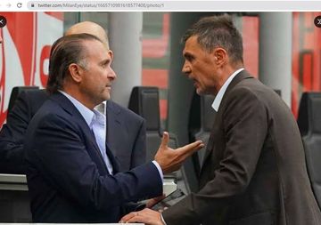 Pemilik AC Milan, Gerry Cardinale (kiri), dan Paolo Maldini saat bertemu dalam sebuah pertandingan.