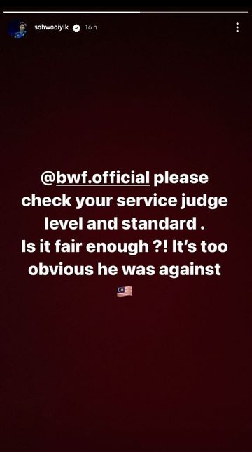 Tangkapan layar story ganda putra Malaysia, Soh Wooi Yik, di Instagram pada Kamis (20/7/2023). Soh memprotes integritas hakim servis.
