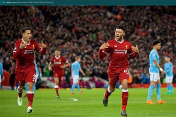 Momen comeback Liverpool saat melawan Man City pada laga Liga Inggris 2017-2018 dalam kemenangan 4-3 di Stadion Anfield.