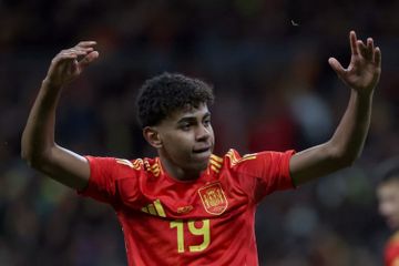 Aksi Lamine Yamal dalam laga uji coba Spanyol vs Brasil, Selasa (26/3/2024).