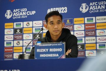 Kapten Timnas U-23 Indonesia, Rizky Ridho dalam konferensi pers sebelum laga lawan Korea Selatan pada Rabu (24/4/2024)