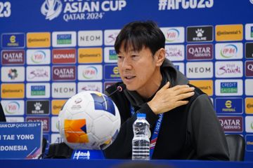 Shin Tae-yong hadir di konferensi pers jelang semifinal Piala Asia U-23 2024 antara timnas U-23 Indonesia Vs Uzbekistan, Minggu (28/4/2024)