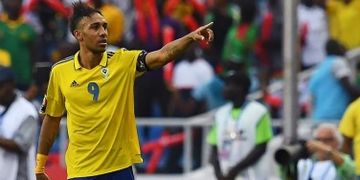 Selebrasi penyerang sekaligus kapten Gabon, Pierre-Emerick Aubameyang seusai membobol gawang Guinea-Bissau.