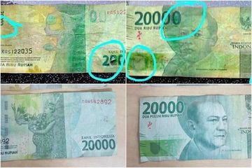 Uang Rp 2.000 yang telah dimodifikasi jadi Rp 20.000 (atas) dan uang Rp 20.000 (bawah)