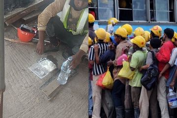 Kiri: Foto seorang pekerja migran hanya makan nasi dan kuah air mineral. Kanan: Ilustrasi pekerja migran 