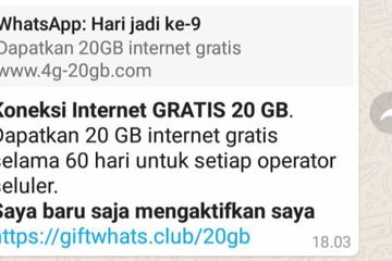 Pesan berantai Kuota Internet gratis beredar di WhatsApp.