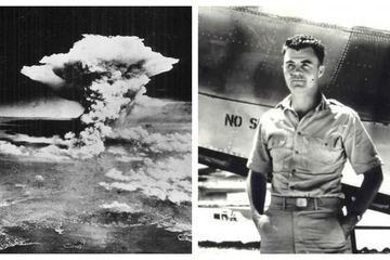 (kiri) Pengeboman Hiroshima, (kanan) Paul Warfield Tibbets Jr, Pilot Pesawat Pengebom Hiroshima.