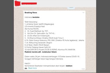 Pesan berantai yang menyebutkan 10 dokter di Indonesia meninggal dalam waktu 24 jam.