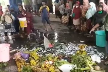 Viral di media sosial emak-emak hamburkan ikan dan sayur tolak PPKM.