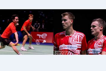 Kolase Marcus Fernaldi Gideon/Kevin Sanjaya Sukamuljo vs Mads Pieler Kolding/Frederik Sogaard dalam laga Indonesia vs Denmark di Sudirman Cup 2021.