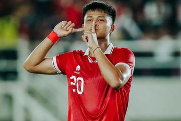 Selebrasi Hokky Caraka usai mencetak gol dalam laga Grup K Kualifikasi Piala Asia U-23 2023 antara timnas U-23 Indonesia vs Taiwan U-23 di Stadion Manahan, Solo, Jawa Tengah, Sabtu (9/9/2023).
