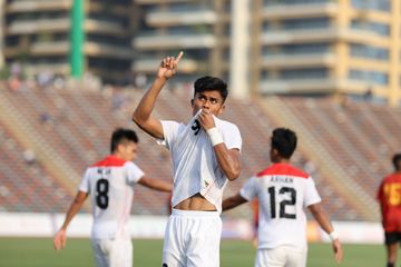 Selebrasi Ramadhan Sananta saat memperkuat timnas U-23 Indonesia.