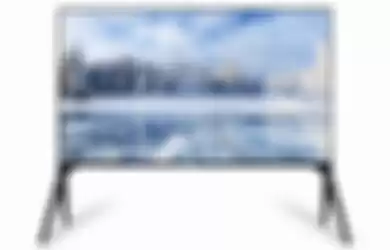 Aquos 8K ukuran 80 inchi dengan kaki TV yang cantik dan sangat estetik. 