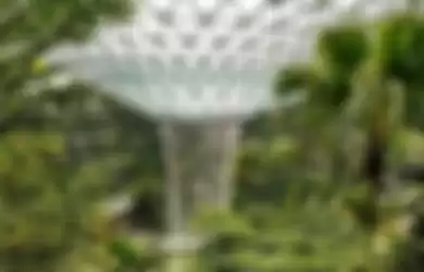 Air terjun dalam ruangan tertinggi di dunia bernama Rain Vortex di Bandara Jewel Changi, Singapura.