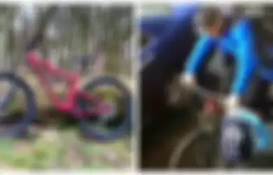 Sepeda gunung yang dicuri (Kiri) Pria asing menaiki sepeda yang dicuri tersebut (Kanan)