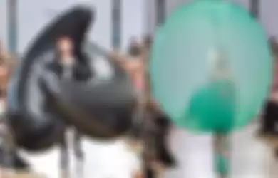 Video para model yang berjalan di catwalk dengan menggunakan balon warna-warni berukuran besar