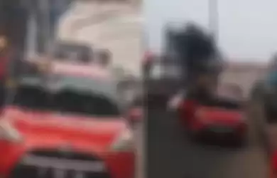 Cuplikan video kondisi mobil yang ketusuk besi baja dari proyek jalan. 