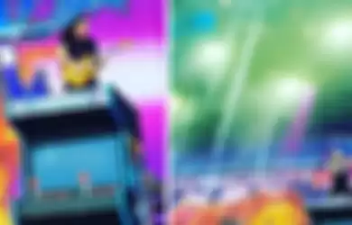 Personel Dragonforce beraksi di atas mesin arcade game raksasa saat tampil di Elbriot Festival 2019.