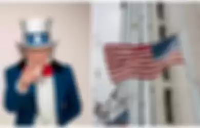 Kolase (kiri) Paman Sam dan (kanan) bendera AS