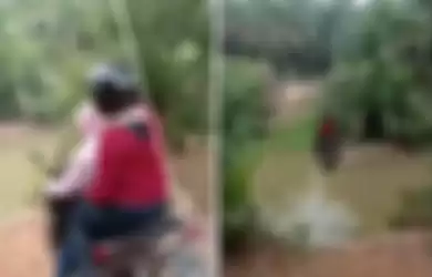 Cuma Ada di Indonesia! Viral Video 2 Wanita Ini Nyebrang Sungai dengan Motornya ala Flying Fox