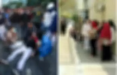 Kiri: Pelajar terluka kena gas air mata di Pejompongan Jakarta Barat saat ikuti demo tolak RKUHP, kanan: orangtua demonstran berkumpul di depan gedung sabhara Polda Metro Jaya
