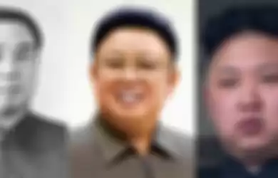 Kim Il Sung, Kim Jong Il (tengah), dan Kim Jong Un (kanan)