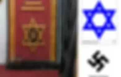 Lambang pada singgasana Keraton Agung disandingkan dengan simbol Bintang Daud dan Nazi
