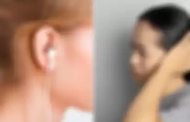 Ilustrasi wanita yang menderita sakit telinga karena memakai earphone berlebihan.
