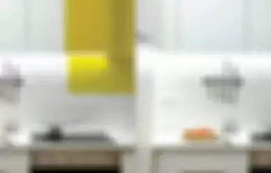 Ilustrasi aksen warna kuning di dapur.