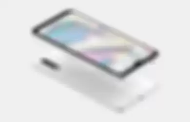 Render tampilan Samsung Galaxy A70e yang memperlihatkan bagian atas dan bawah hape.