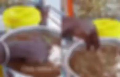 Video viral memperlihatkan pedagang yang mengaduk kuah dengan tangan.