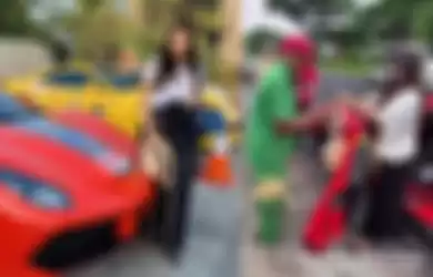 Kolase Foto wanita viral yang bagikan sumbangan gunakan mobil Ferrari.