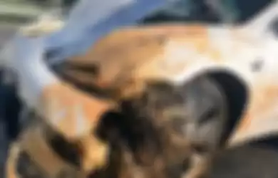 Mobil Tesla yang menabrak truk terguling di jalan tol Taiwan.