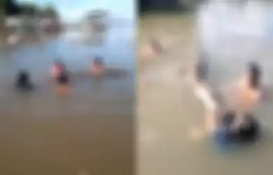 Viral video bocah berenang dengan buaya.