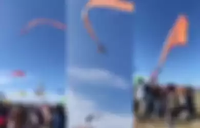 Video viral rekam detik-detik bocah 3 tahun tersangkut layangan raksasa dan terombang-ambing di udara.