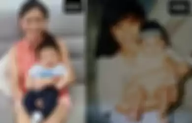 (ki-ka) Foto Puspa Dewi Hadi tahun 2020 bersama cucu dan tahun 1995 ketika Ia melahirkan anak laki-laki.