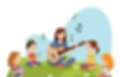 Ilustrasi anak bernyanyi dan bermain musik lagu daerah