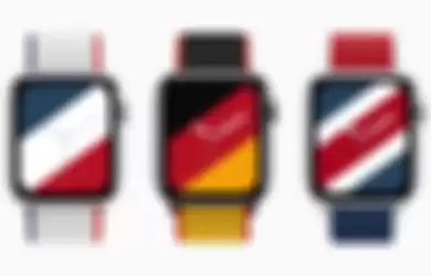 Tampilan band dan watch faces international collection Apple Watch yang merepresentasikan Prancis (kiri), Jerman (tengah), dan Britania Raya (kanan).
