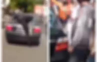 Video viral seorang pria nekat lompat ke atas mobil yang dikendarai emak-emak yang berusaha kabur usai tabrak pemotor.